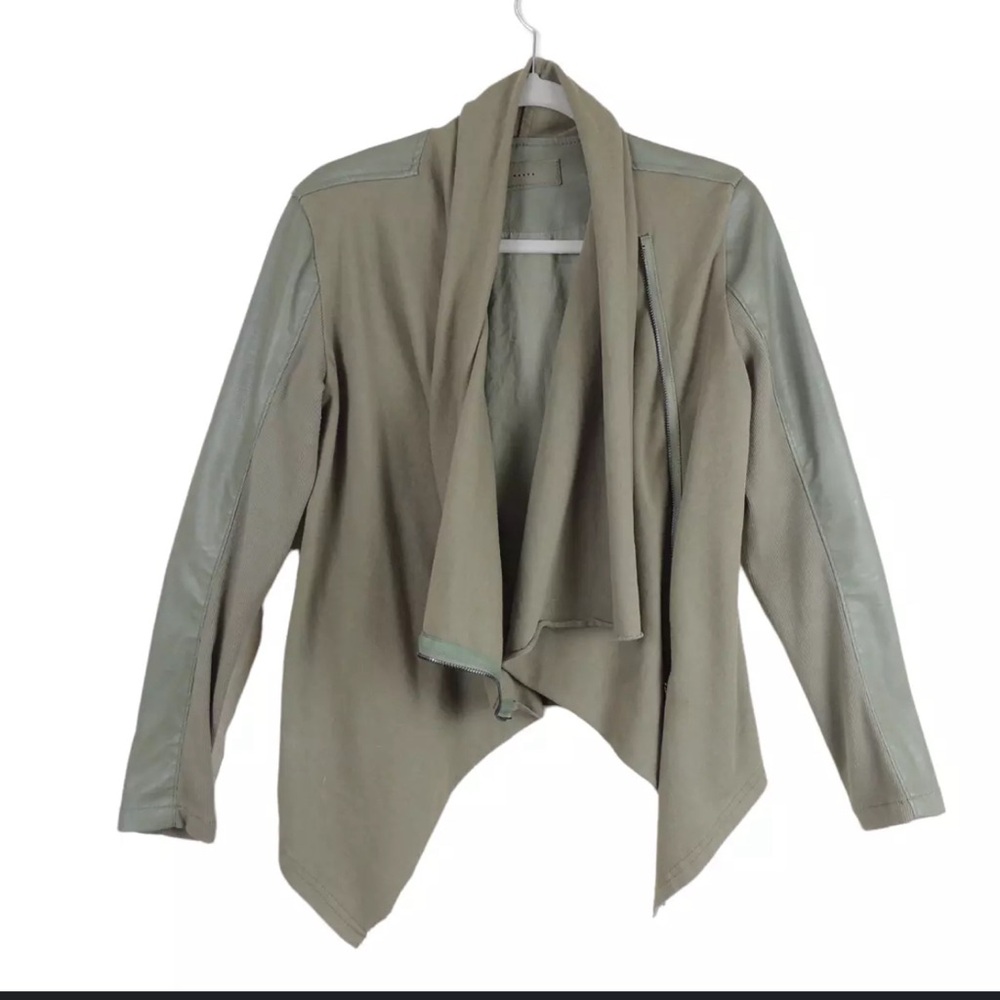 Blank‎ NYC Jacket Women's Green Faux Leather Drape Front Knit Asymmetrical